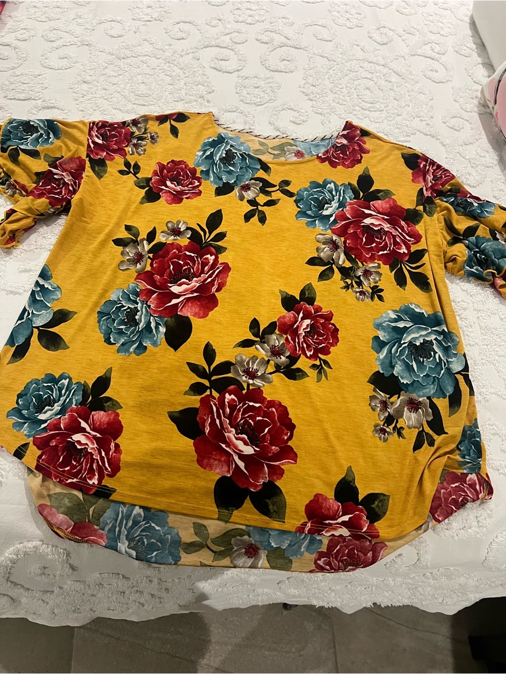 Floral Scoop Neck Tunic Top - Mustard with Red & Teal Blooms